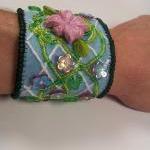 Lattice Flower Embroidery Cuff Bracelet, Beading..